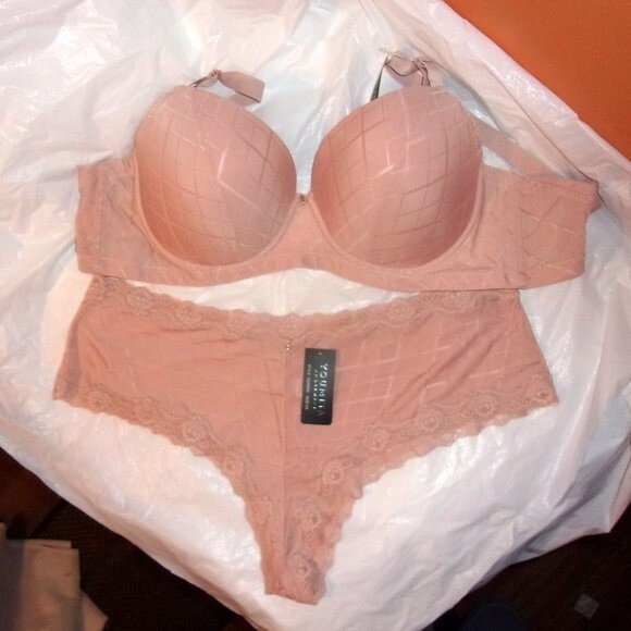 Youmita Nude Jacquard Print 40DD Bra/2X Hipster Set NWT - Picture 6 of 14